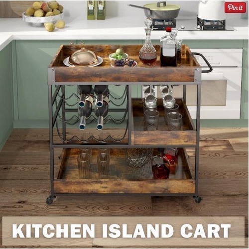 3 Tier Bar Cart Drinks Trolley with Wine Racks Wine Coffee Tea Kitchen Serving O