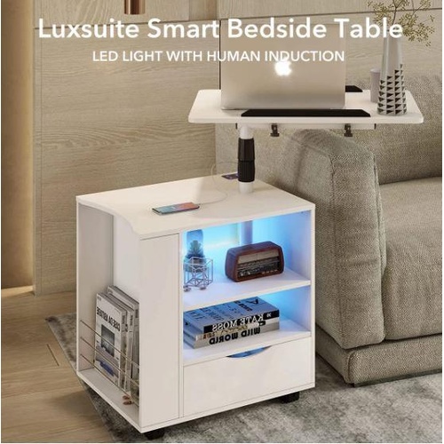 Luxsuite Smart Bedside Table White LED Cabinet Storage Nightstand Bedroom Modern