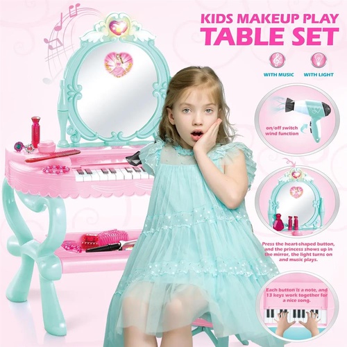 Kids Dressing Table Piano 2IN1 Vanity Set Pretend Makeup Desk Dresser Toy Chair