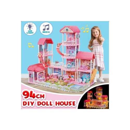 Kids Plastic Dolls House Dollhouse Princess Castle Light Music 11 Room 93CM Pink