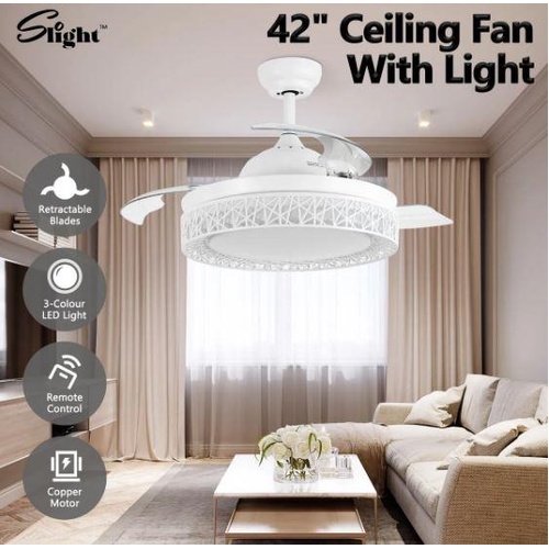 42" Ceiling Fan with 3 Color LED Light Restractable Blades 3 Speed 4 Timers Set