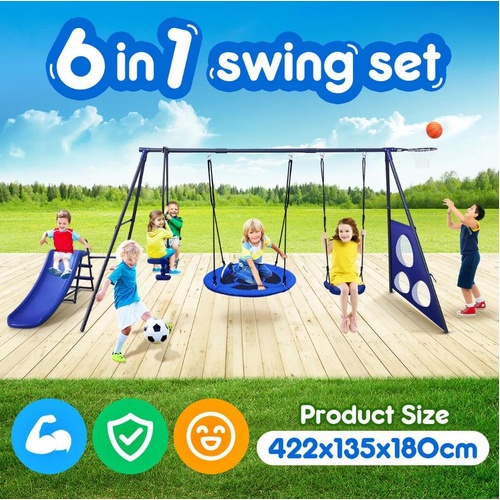 6 in 1 Swing Set with Slide Seesaw Basketball Hoop Football Gate-Outdoor Playset