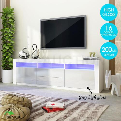 Modern TV Unit Cabinet Wood Entertainment Stand High Gloss Front RGB LED 200CM
