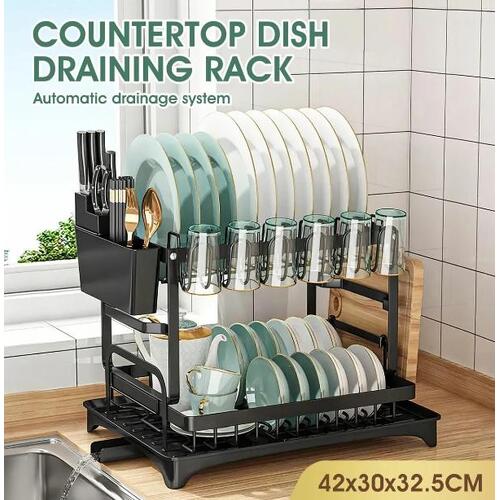 2 Tier Dish Drying Rack Plate Drainer Cutlery Holder Kitchen Organizer Storage