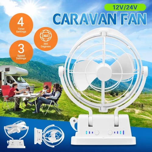 12V/24V Caravan Fan Camping RV Trailer Boat Motorhome Gimbal 360° 3 Speed White