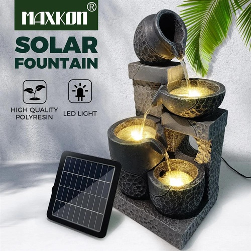 MAXKON Outdoor Solar Water Fountain Garden Features 4 Tier Bird Bath LED Light
