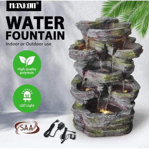 Garden Water Feature Fountain Rocky Waterfall LED Lights 5-Tier 46cm