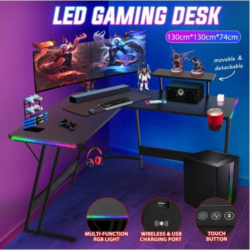 L Shaped Gaming Desk Computer Office Workstation Carbon Fiber Racer Table LED