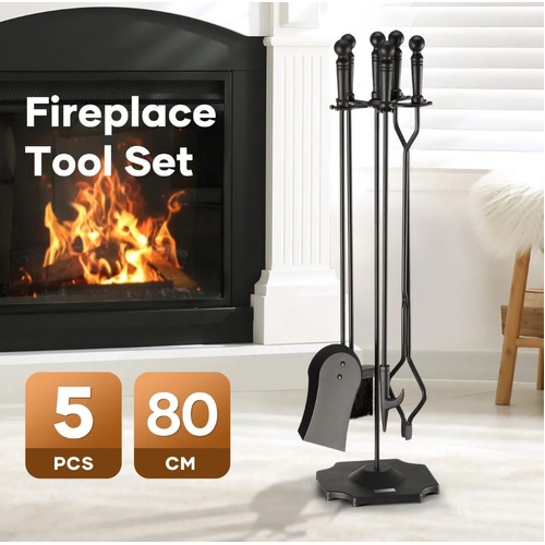 5PCS Fireplace Tool Set Firepit Accessories Poker Fire Tongs Shovel Brush Black