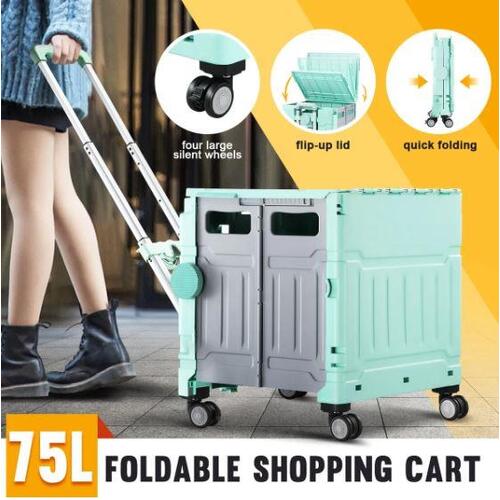 Foldable Shopping Cart Trolley Basket with Wheels Utility Grocery Market Rolling