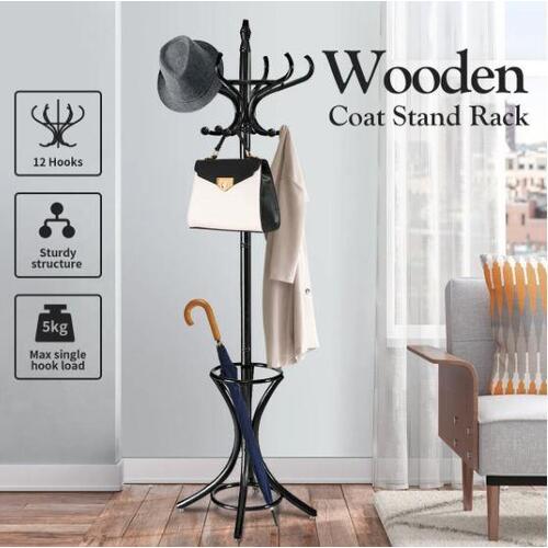 Coat Rack Stand Wooden Clothes Hat Hanger 12 Hooks Umbrella Hall Tree Garment