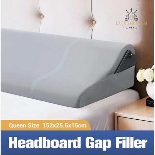 Bed Wedge Pillow Headboard Gap Filler Foam Long Support Cushion w/ Side Pockets