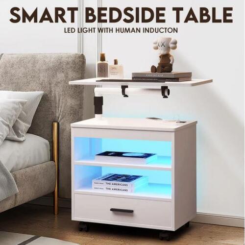 Smart Bedside Table LED End Desk Adjustable Night Stand Rotatable Laptop White