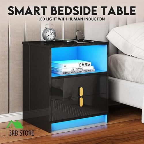 Smart Bedside Table LED Night Stand Shelving Desk Modern Room Organiser Storage