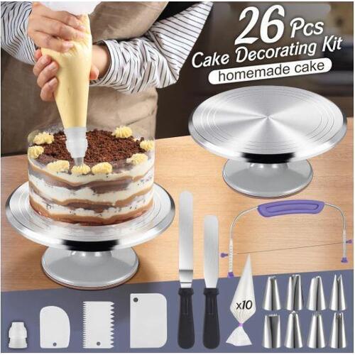 26PCS Cake Decorating Tool Turntable Stand Kit Baking Icing Piping Nozzles Tips