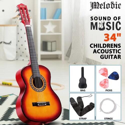 Melodic 34inch Kids Acoustic Guitar Wooden with 6 Strings Tuner Kids Sunburst