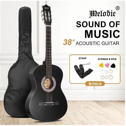 Melodic 38 Inch Folk Dreadnought Acoustic Guitar Pack Classical Cutaway Black