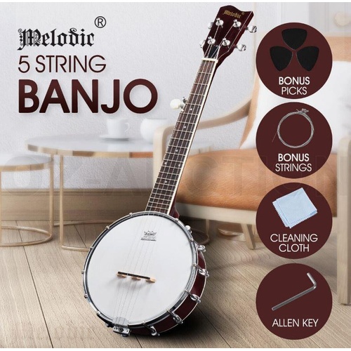 Melodic 5 String Banjo Beginner w/ String Picks 20 Frets 12 Brackets Banjo