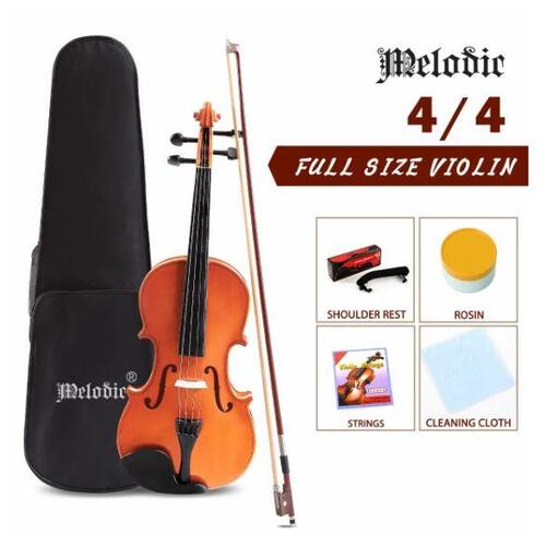 Melodic Acoustic Violin 4/4 Full Size Wooden Natural w/ Bow Rosin Strings