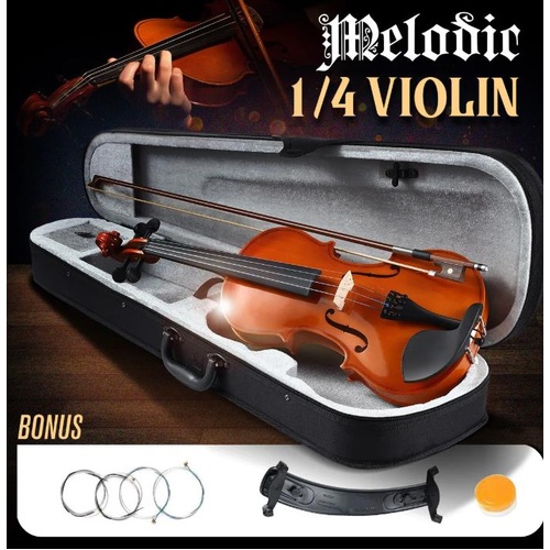 1/4 Acoustic Violin Kit 4 Strings Natural Varnish Finish w Case Bow Melodic