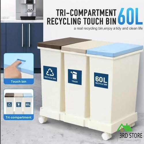 60L Kitchen Rubbish Bin Garbage Waste Trash Recycle Compost Dustbin Brake Wheel