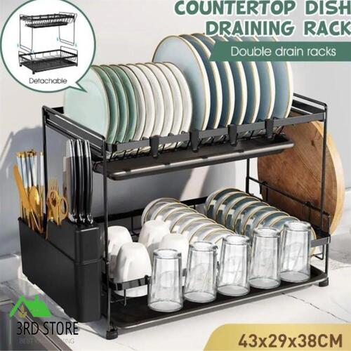 Dish Drying Rack 2 Tier Kitchen Organizer Cutlery Storage Tray Holder Drainer