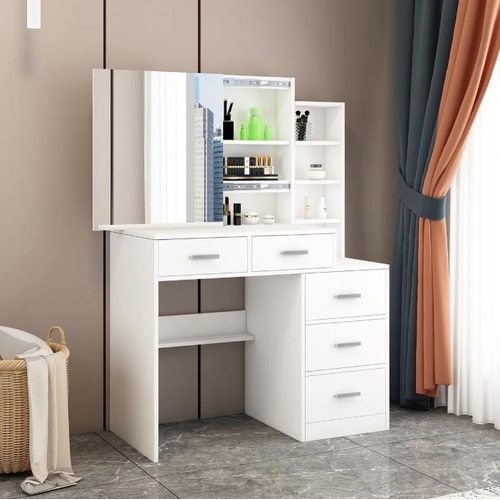 Dressing Table Vanity Mirror Dresser Makeup Desk With 5 Drawers Storage Shelves