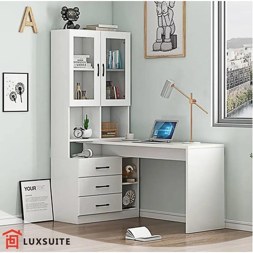 Computer Desk Bookcase Office Study Writing Laptop Table Shelving White