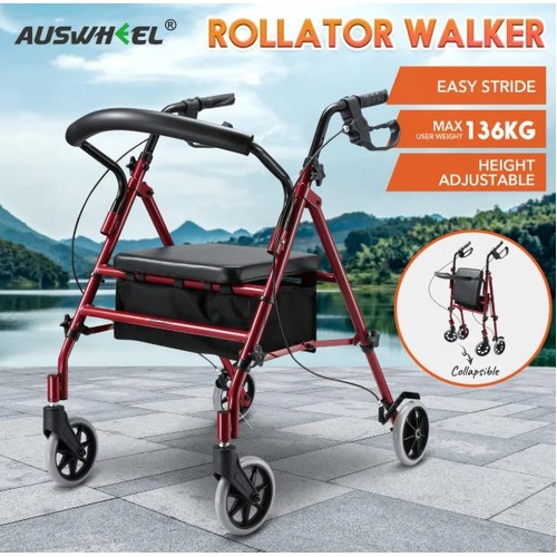 4 Wheel Rollator Walker with Seat Lightweight for Seniors Walking Rolling Red