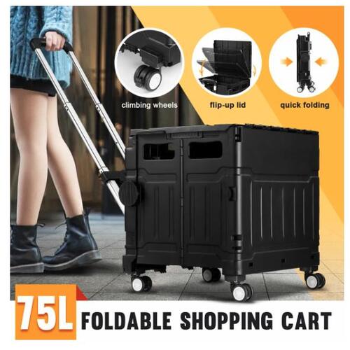 75L Shopping Trolley Cart Wheeled Basket Grocery Utility Rolling Folding Superma