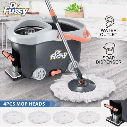 360 Degree Rotating Spin Mop Stainless Steel Bucket 4 Mop Head Wheel Floor Clean