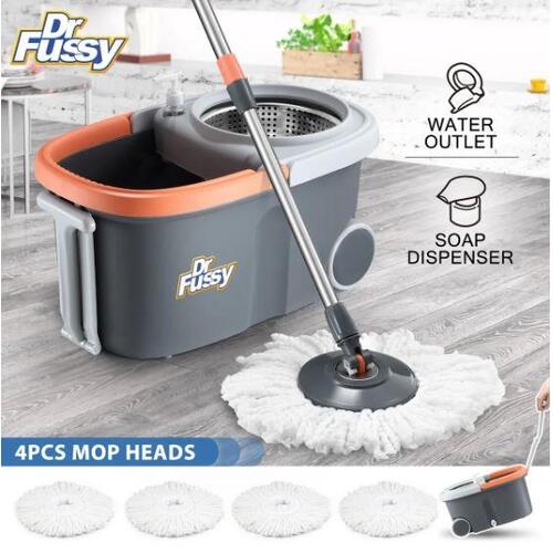 Spin Mop and Bucket Kit Wood Tile Floor Cleaner 4 Microfibre Heads Magic Dry Twi