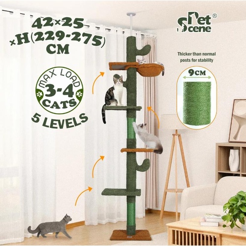 Cat Tree Kitty Tower Scratching Post Bed Scratcher Floor to Ceiling 229-275cm