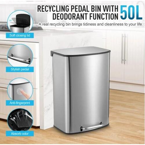 50L Stainless Steel Trash Can Pedal Rubbish Bin Recycle Waste Bin Toilet Dustbin