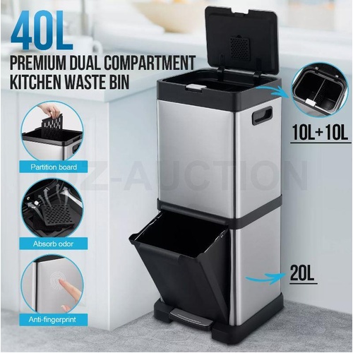 RETURNs 40L Rubbish Bin Dual Compartment Pedal Garbage Can Recycling Trash Waste Stainle