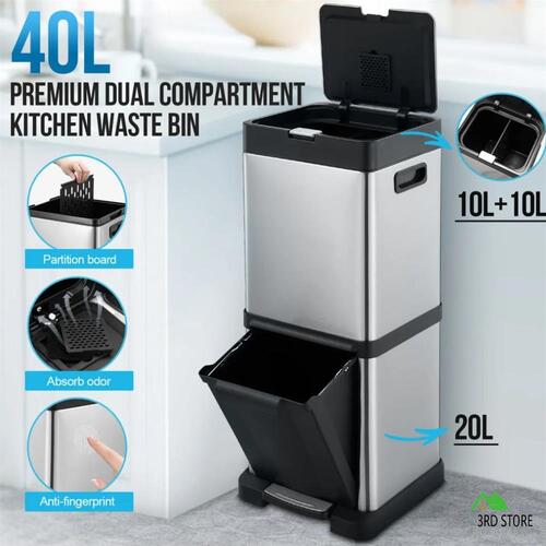 RETURNs 40L Rubbish Bin Dual Compartment Pedal Garbage Can Recycling Trash Waste Stainle