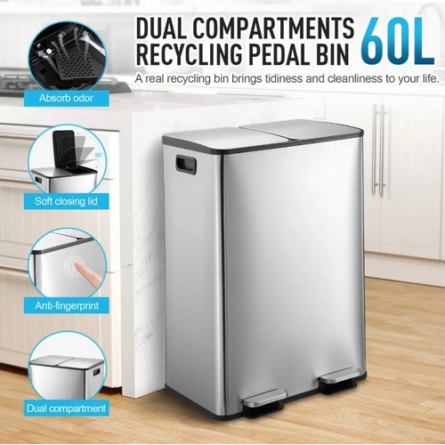 60L Rubbish Bin Dual Compartment Pedal Garbage Can Recycling Trash Waste Stainle