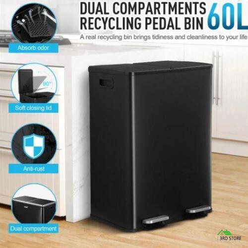 60L Dual Pedal Rubbish Bin Stainless Steel Garbage Waste Can Recycling Dustbin