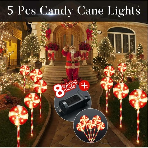 5 PCS Candy Cane Christmas Lights Lollipop Pole 100 LED Rope Bulbs Outdoor Decor