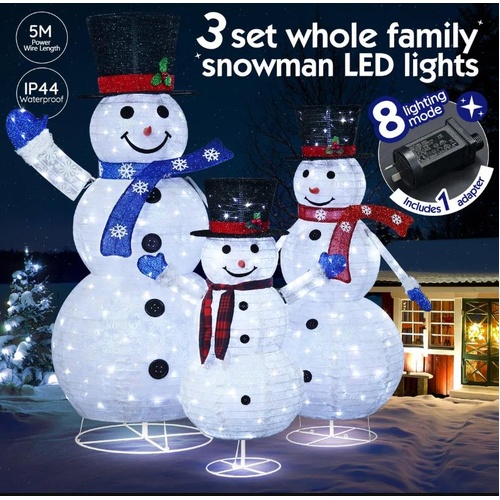 3pcs Christmas Snowman Family Figures 3D Decorations LED Lights Xmas Home Decor