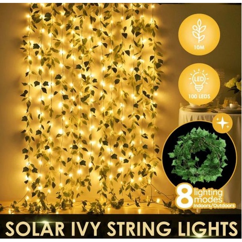 10m Solar Ivy Vine Lights 100 LED Fairy String Bedroom Outdoor Garden Fence Deco