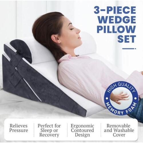 3PCS Bed Wedge Pillow Memory Foam Headrest Support Cushion Backrest Velvet Cover