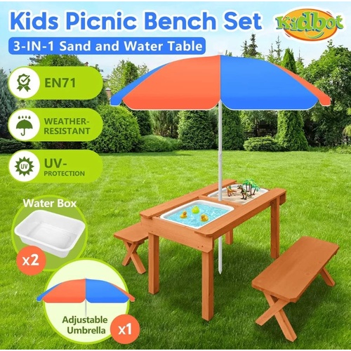 Kids Sand and Water Table Picnic Chairs Outdoor Wooden Bench Adjustable Umbrella