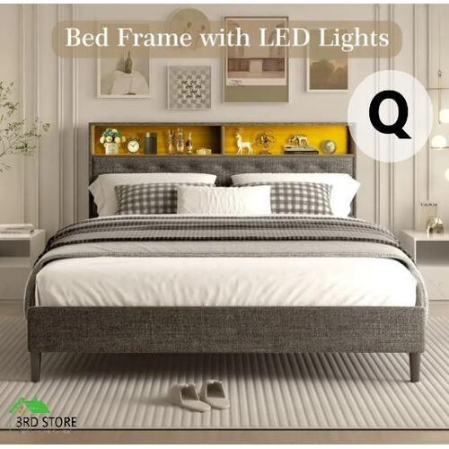 LED Bed Frame with Storage Headboard Queen Size Platform Mattress Base Wooden
