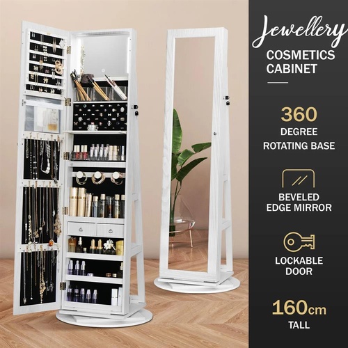 RETURNs 3In1 Rotating Jewellery Storage Shelf 360 Degree Cabinet LED Light Mirror White