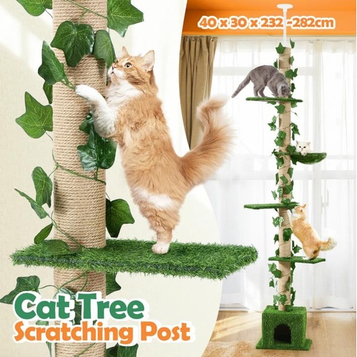 5 Level Cat Tree Tower Sisal Scratching Post Floor to Ceiling 232cm to 282cm