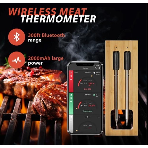 2 Probes Wireless Meat Thermometer Bluetooth Food Cooking BBQ Oven 300ft