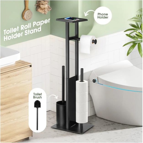 Toilet Paper Roll Holder Stand with Brush Phone Shelf Tissue Storage Floor Stand