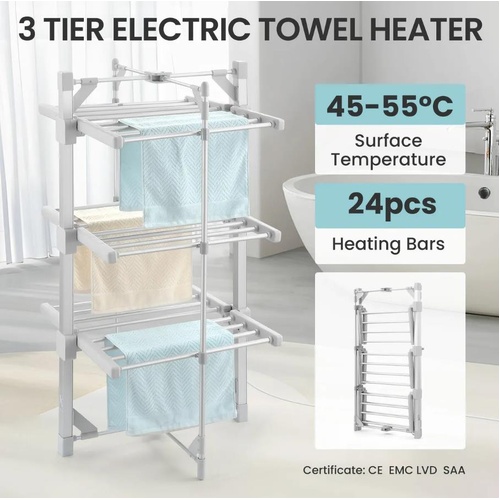 Maxkon 3 Tier Electric Heated Airer Towel Rail Stand Clothes Laundry Drying Rack