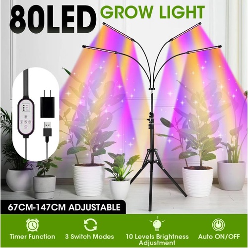 LED Plant Grow Light Full Spectrum Indoor Flower Growing Lamp 4 Heads 80 LEDs He
